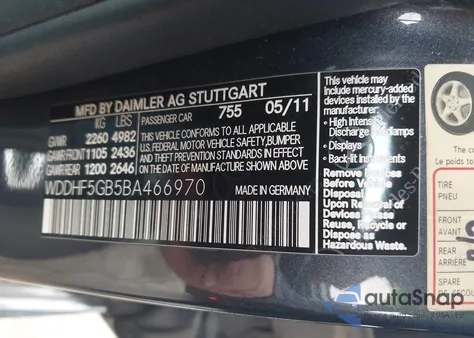 2011 Mercedes-Benz E 350 из США, поврежденный, VIN WDDHF5GB5BA466970